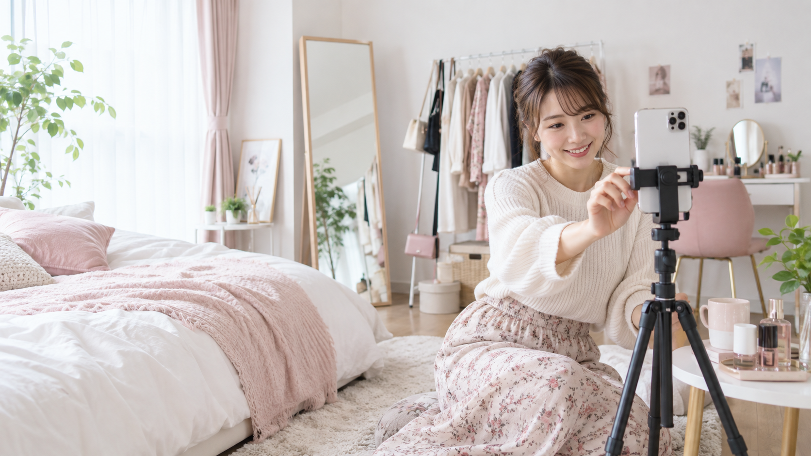 自分の部屋でスマホを使ってセルフ撮影する成人女性